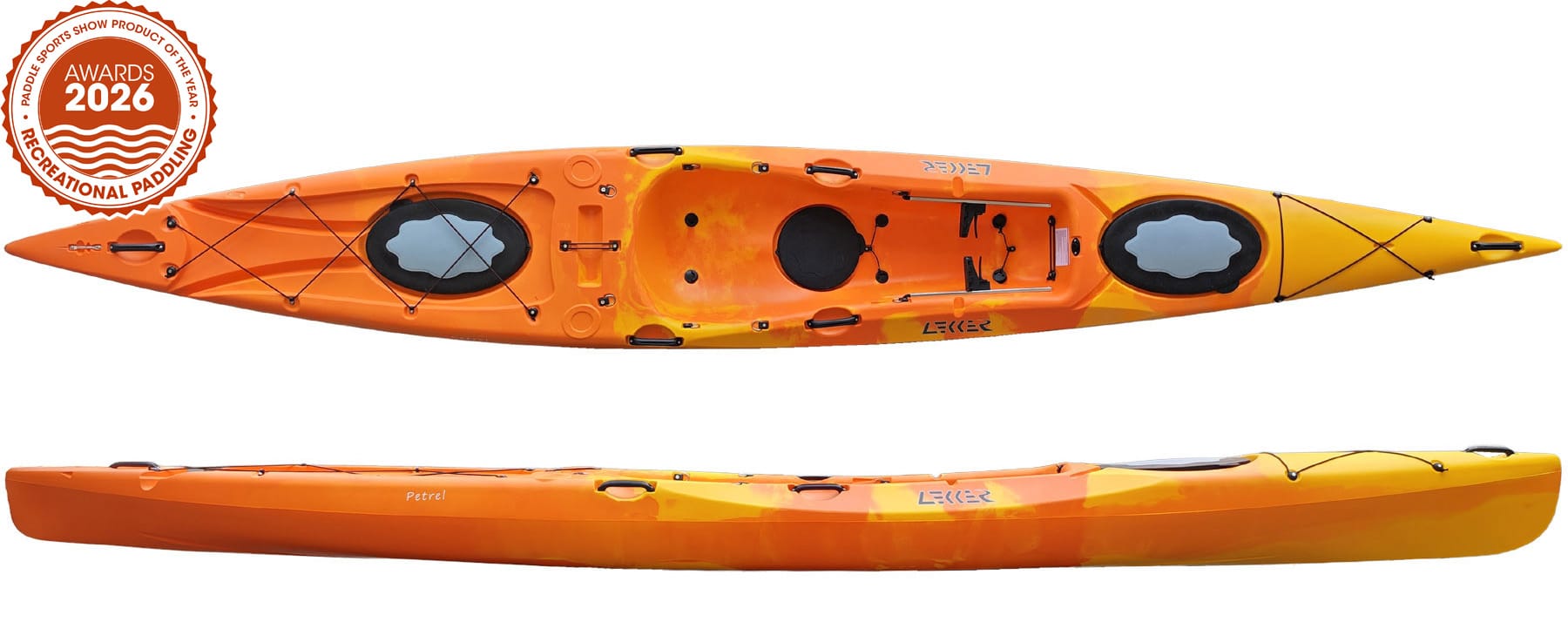 The Lekker Petrel sit-on-top kayak with its 2026 Paddlesports Show Product of the Year seal